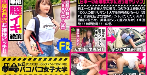 【名門大学！お嬢様ビッチ】日本一のお嬢様大学に通うJDの正体は経験人数100人の超ヤリマン！大学生特有のゆる～い「流れ」に身を任せて灼熱のテント汗だくだくSEX！雪肌火照らせ、美乳揺らして膣内(なか)イキ連発！！無限絶頂！！の巻。：パコパコ女子大学 女子大生とトラックテントでバイト即ハメ旅 Report.121 